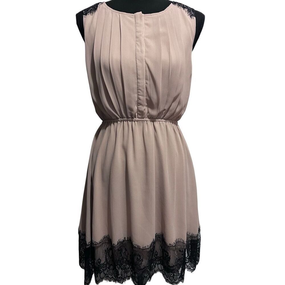 Ya Los Angeles Cocktail Dress Taupe W Black Fringe & Lace Size S NWT